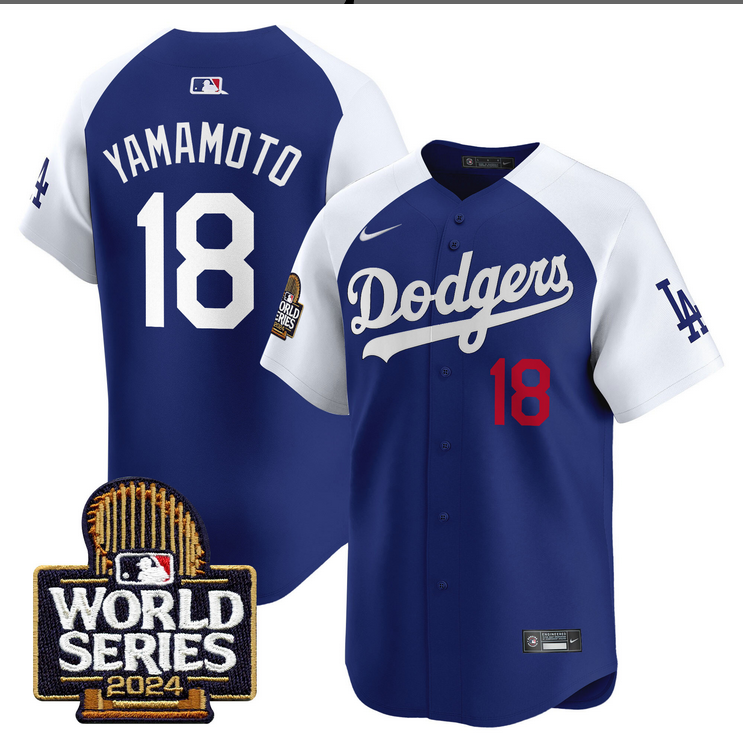 Men MLB Los Angeles Dodgers 18 Yamamoto blue 2024 World Series Champions Patch Limited Jersey20241105
